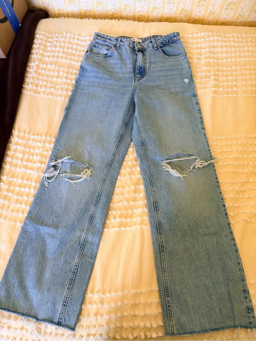 Zara Light Blue High-Rise Wide-Leg Distressed Jeans